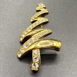 Vintage Monet Rhinestone Christmas Tree Brooch Swirl Gold Tone